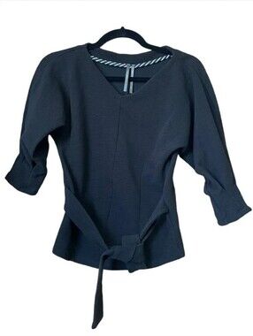 Anthropologie Black Ribbed Tie Waist Dolman Sleeve Knit Top Cotton